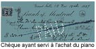 Chèque ayant servi à l'achat du piano