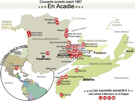Carte des couvents ouverts avant 1967 en Acadie et ailleur dans le monde