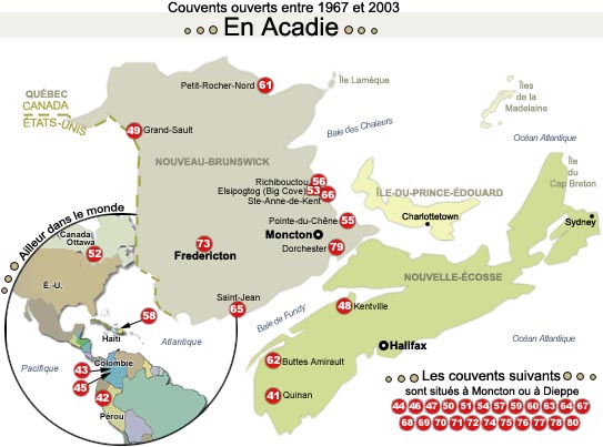 Carte des couvents ouverts entre 1967 et 2003 en Acadie et ailleur dans le monde