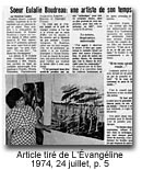 Article tiré de L'Évangéline (1974, 24 juillet, p. 5)
