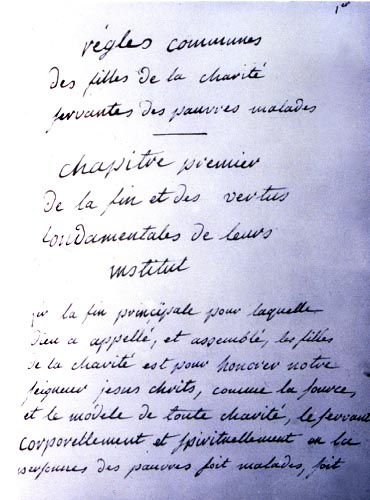 Page 1 de la Règle des Filles de la Charité écrite par Elizabeth Seton