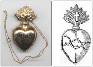 À droite : Esquisse du coeur argenté porté sur la guimpe des soeurs NDSC.À gauche : Premier échantillon du coeur, laminé en or, destiné à être porté à l'extrémité de la guimpe du nouveau costume des soeurs NDSC. 